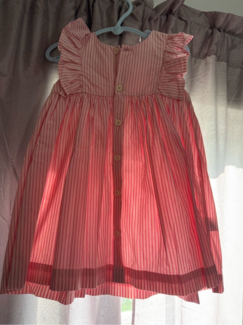 Girls Pink Striped Ruffle Sleeve Dress